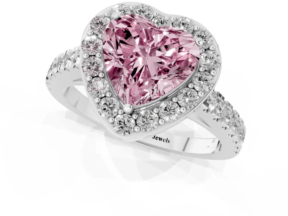 Fancy Pink Heart Cut Diamond Halo Ring with Round Pavé Split Shank and Prong Setting Silver