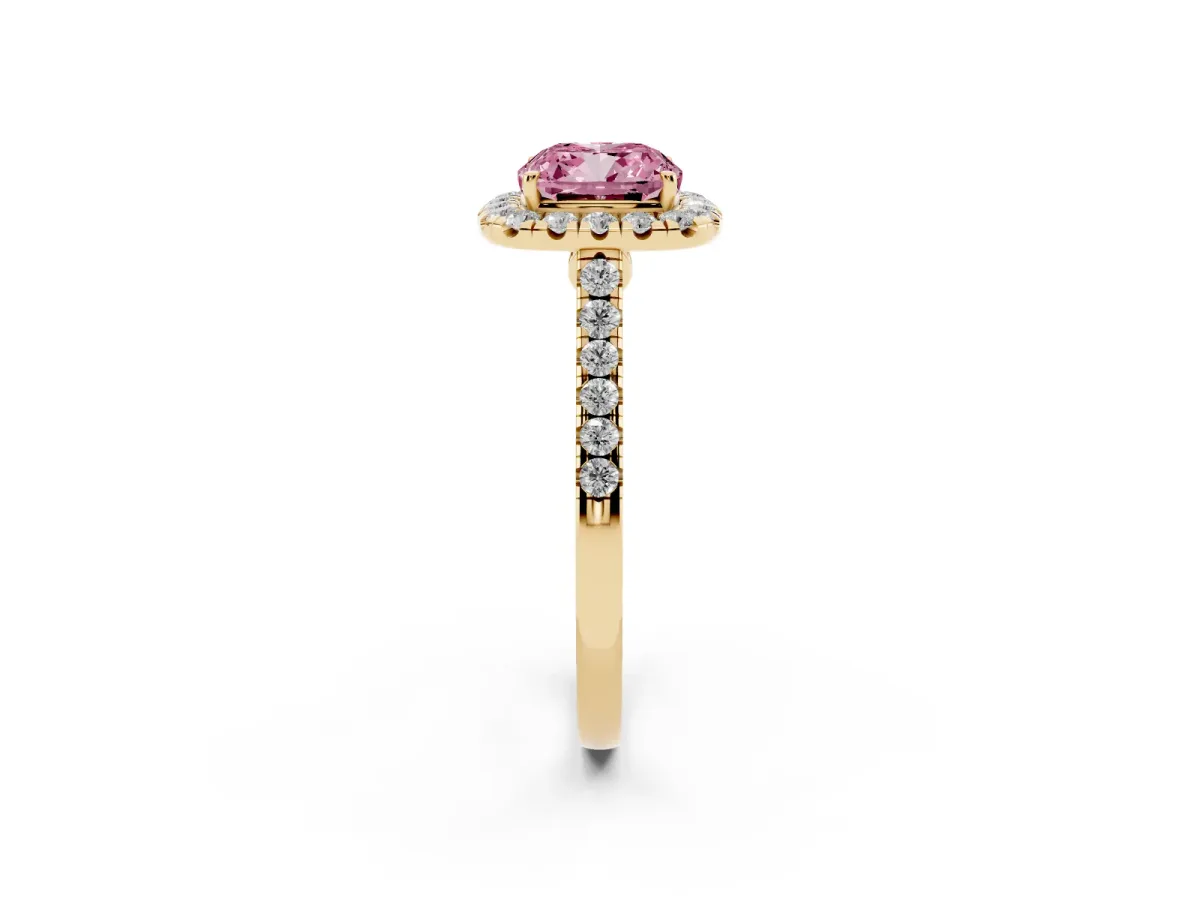 Fancy Pink Cushion Cut Halo Pave Diamond Engagement Ring with Four-Prong Setting Yellow gold