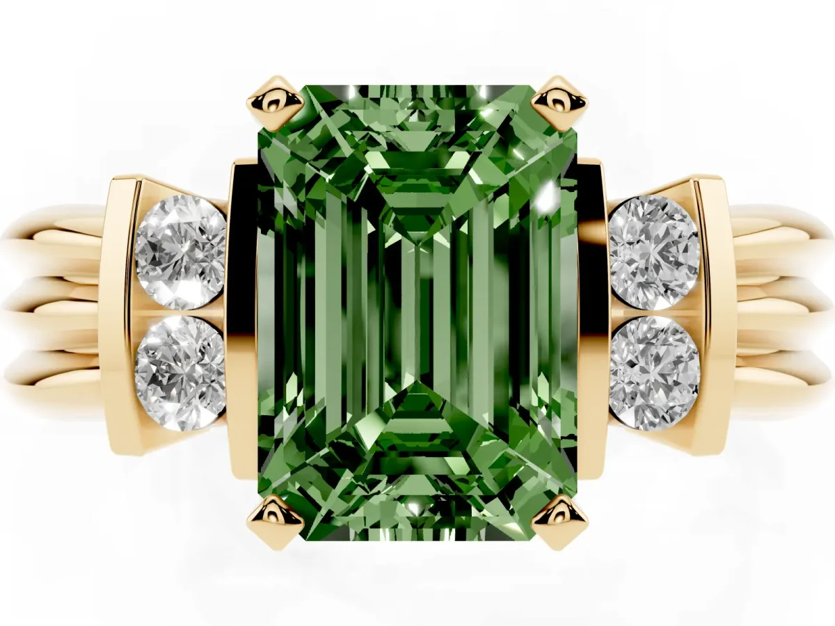 Fancy Green Emerald Cut Cut Three-Stone Channel Set Ring with Bar Prongs Yellow gold