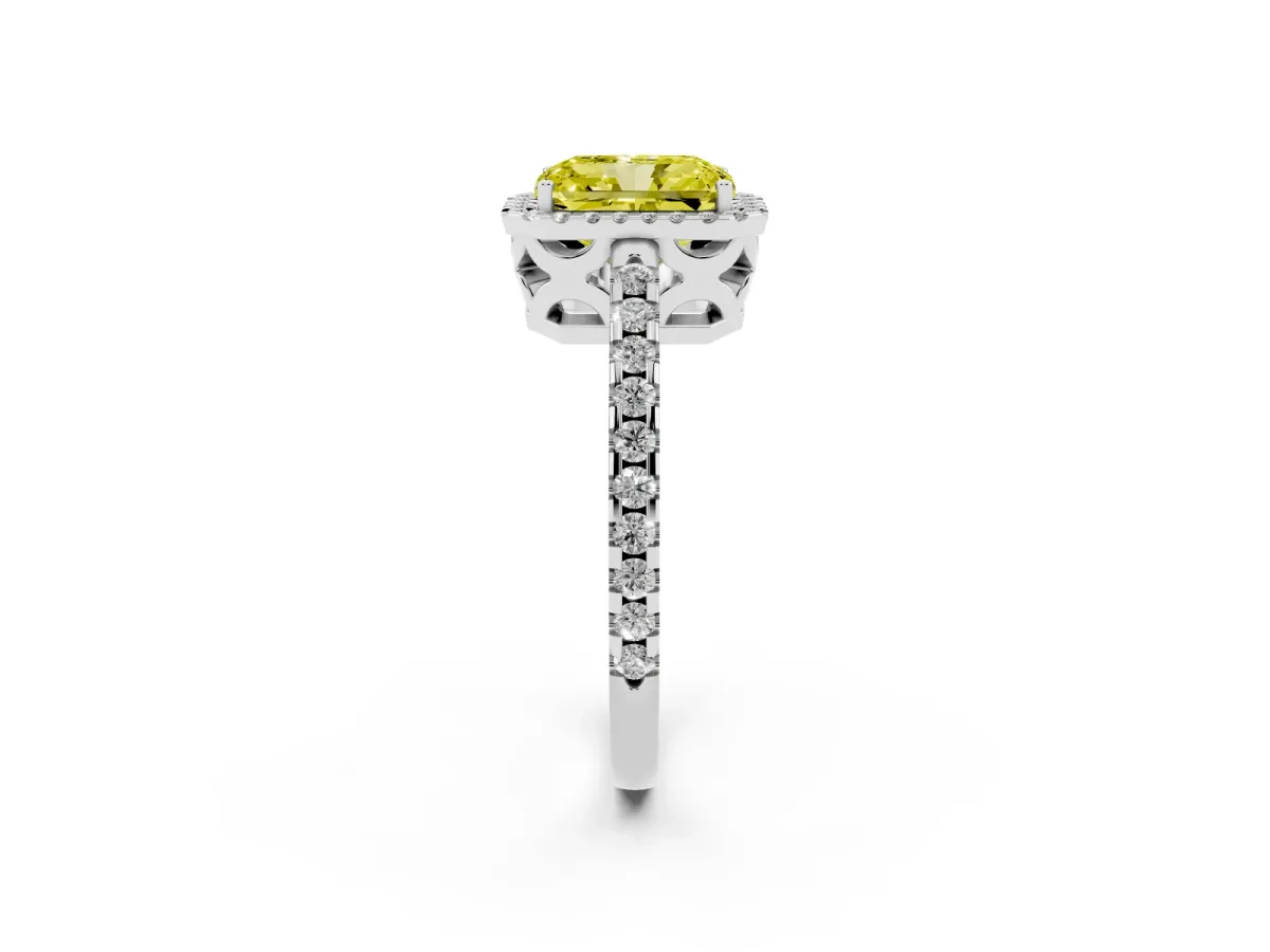 Fancy Yellow Radiant Cut Diamond Halo Engagement Ring with Pavé Band and Prong Setting Silver