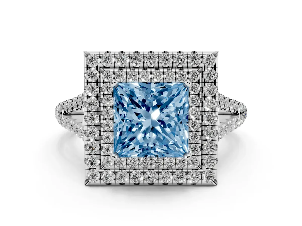 Fancy Blue Princess Cut Diamond Double Halo Ring with Pavé Band and Prong Setting Platinum