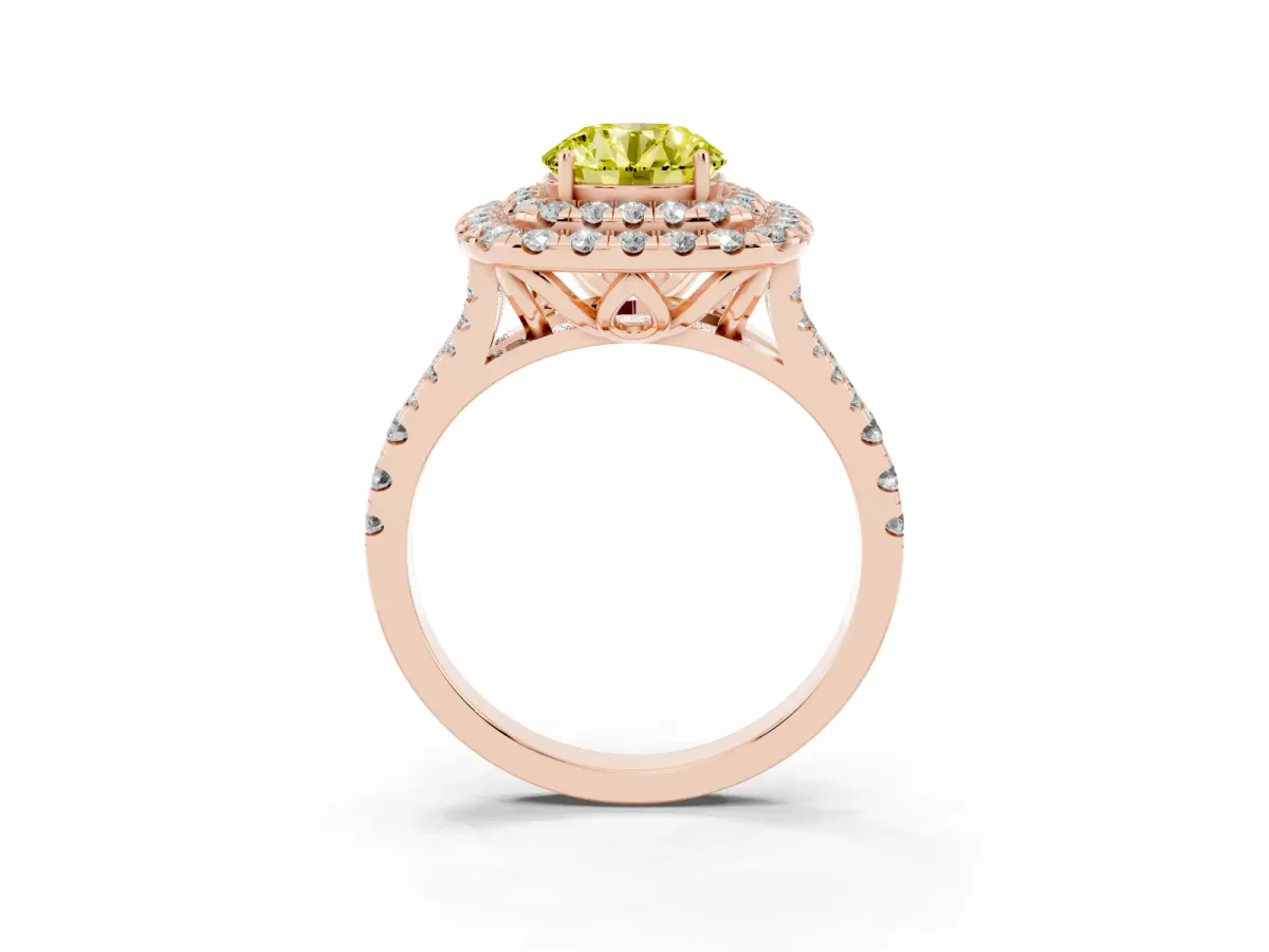 Fancy Yellow Double Halo Round Cut Diamond Pavé Split Shank Ring with Prong Setting Rose gold