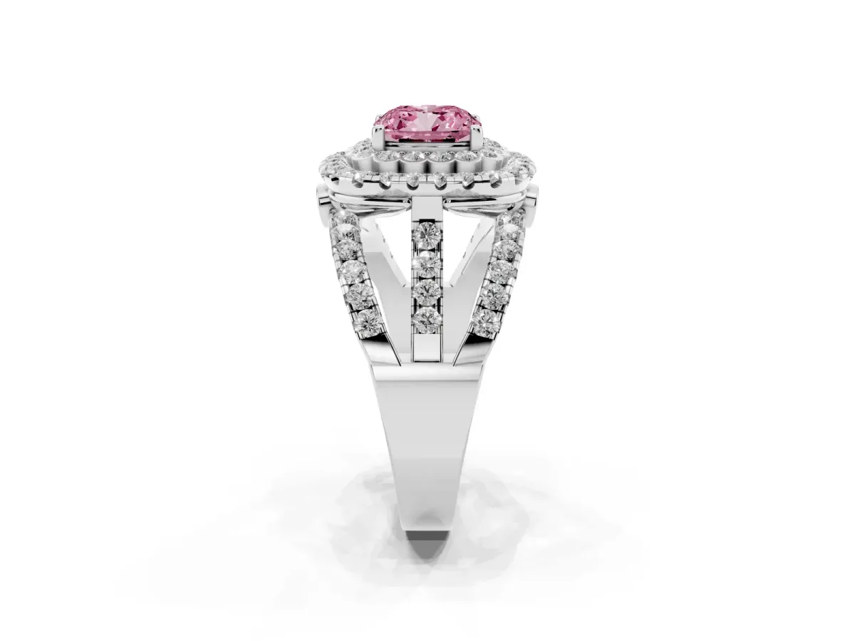 Fancy Pink Cushion Cut Diamond Double Halo Ring with Round Pavé Split Shank and Prong Setting Silver