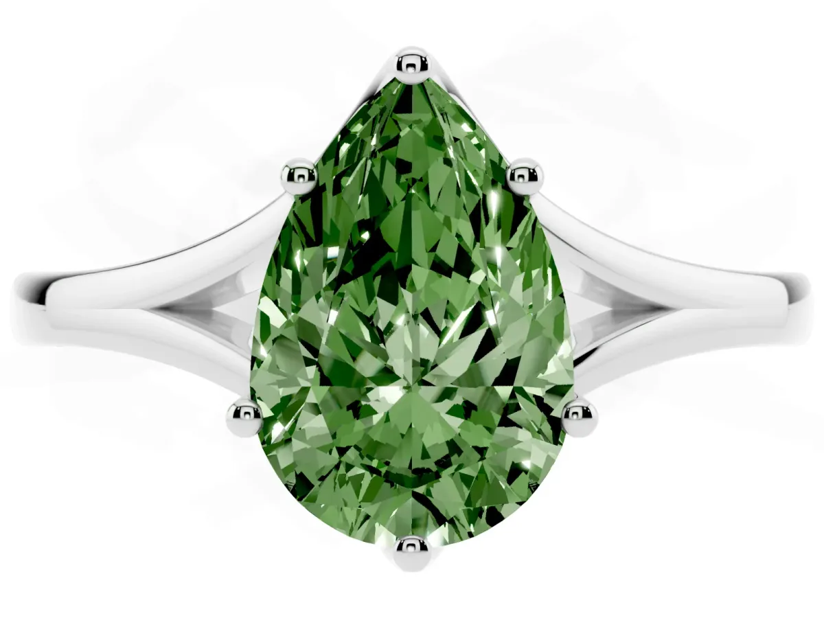 Fancy Green Pear Cut Solitaire Diamond Ring with Six-Prong Setting and Tapered Band Silver