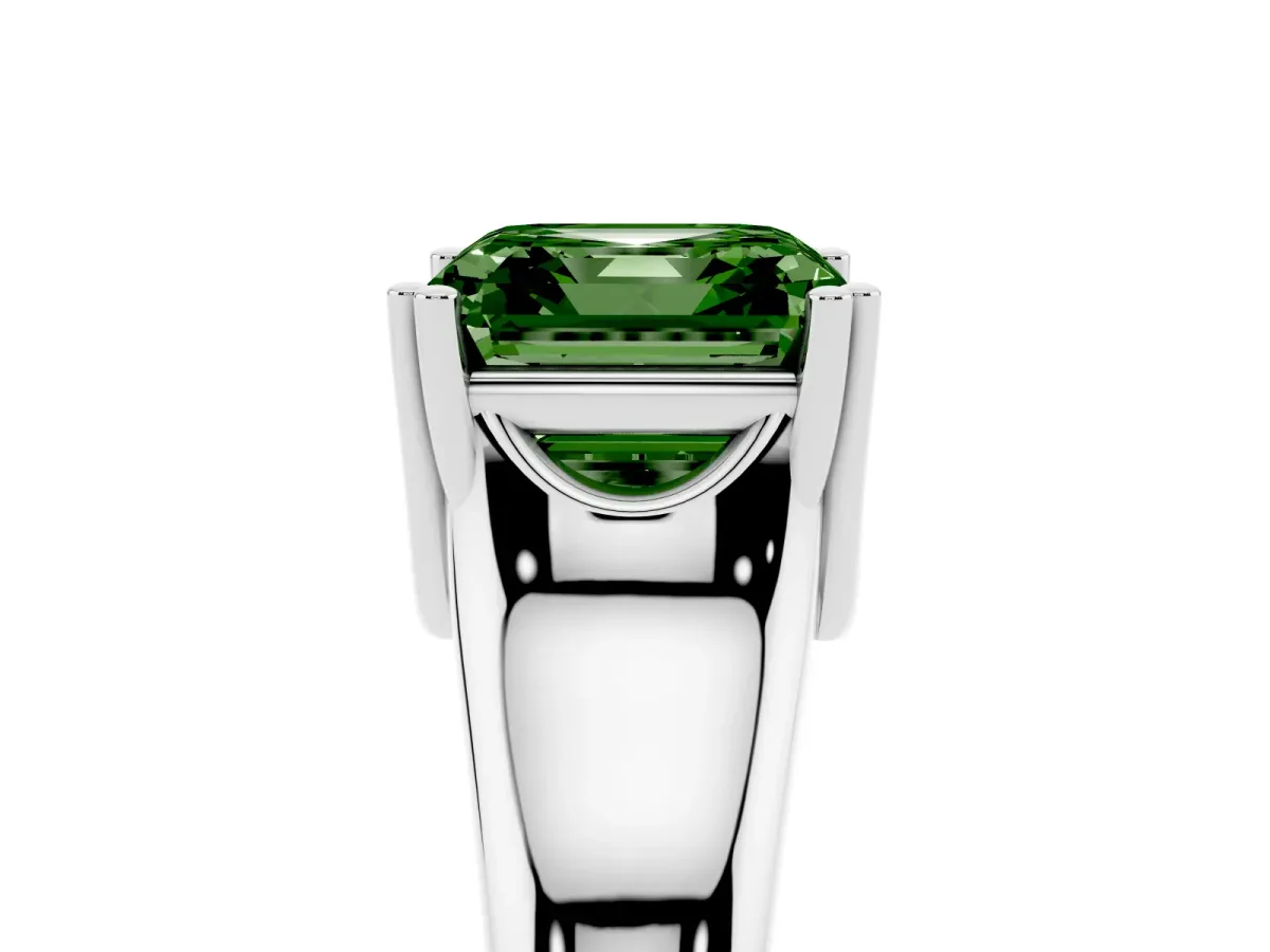 Fancy Green Asscher Cut Diamond Solitaire Ring with Wide Band and Prong Setting Silver