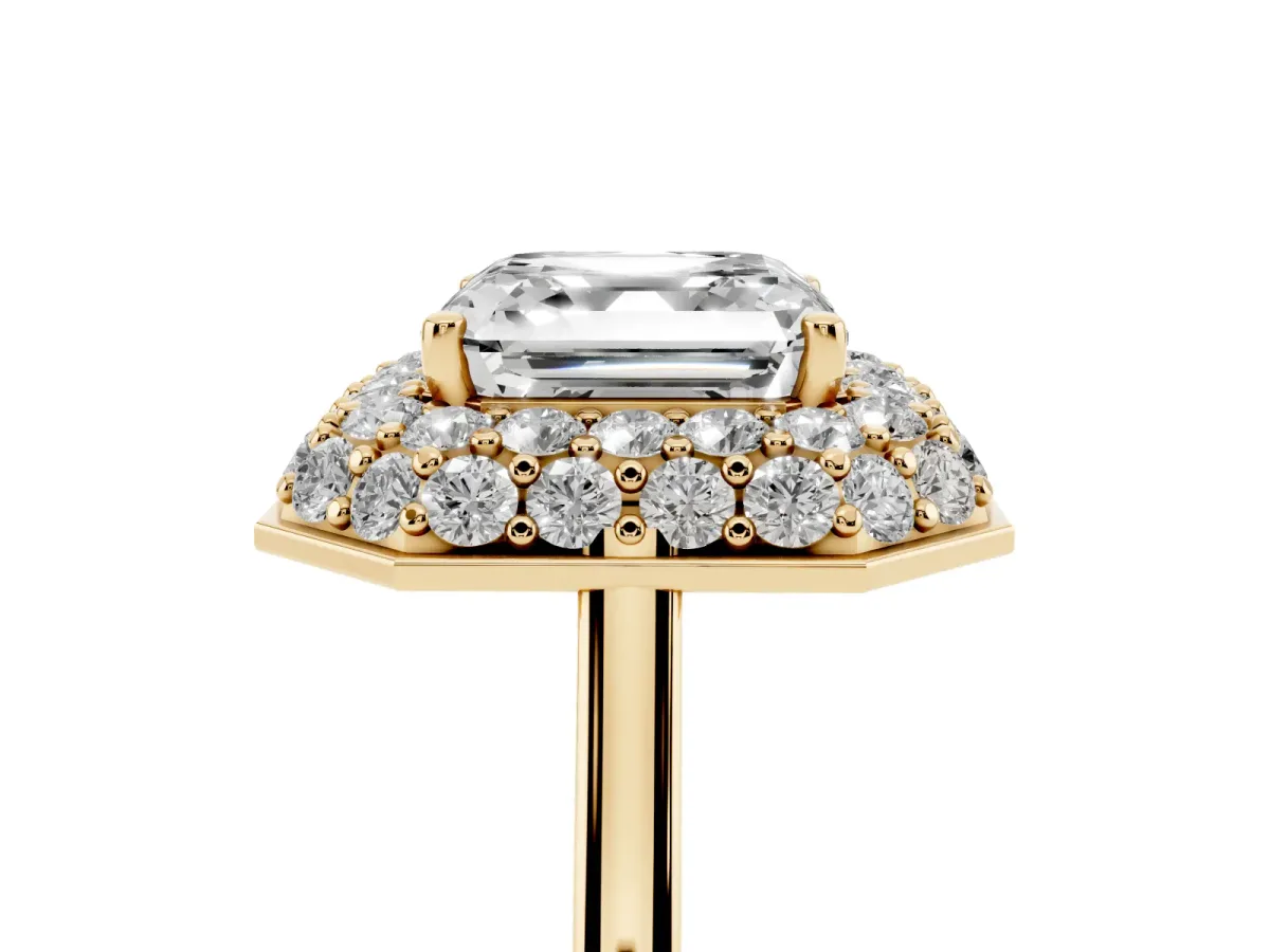 Asscher Cut Halo Diamond Engagement Ring with Solitaire Band and Four-Prong Setting Yellow gold