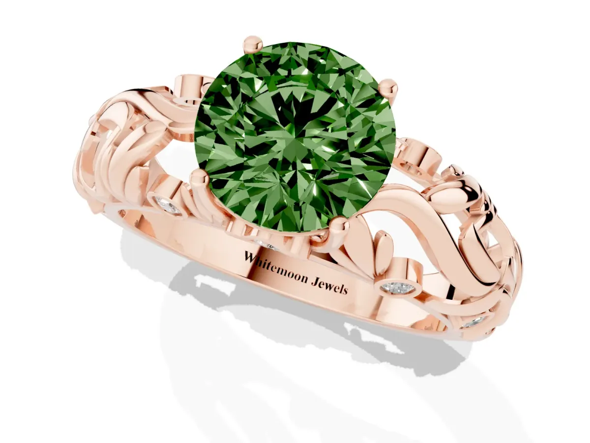 Fancy Green Round Cut Solitaire Diamond Leaf-Inspired Vine Band Ring with Prong Setting Rose gold