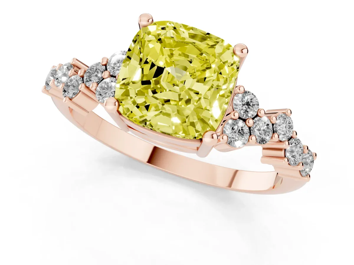 Fancy Yellow Cushion Cut Diamond Scattered Round Accent Ring with Prong Setting Rose gold
