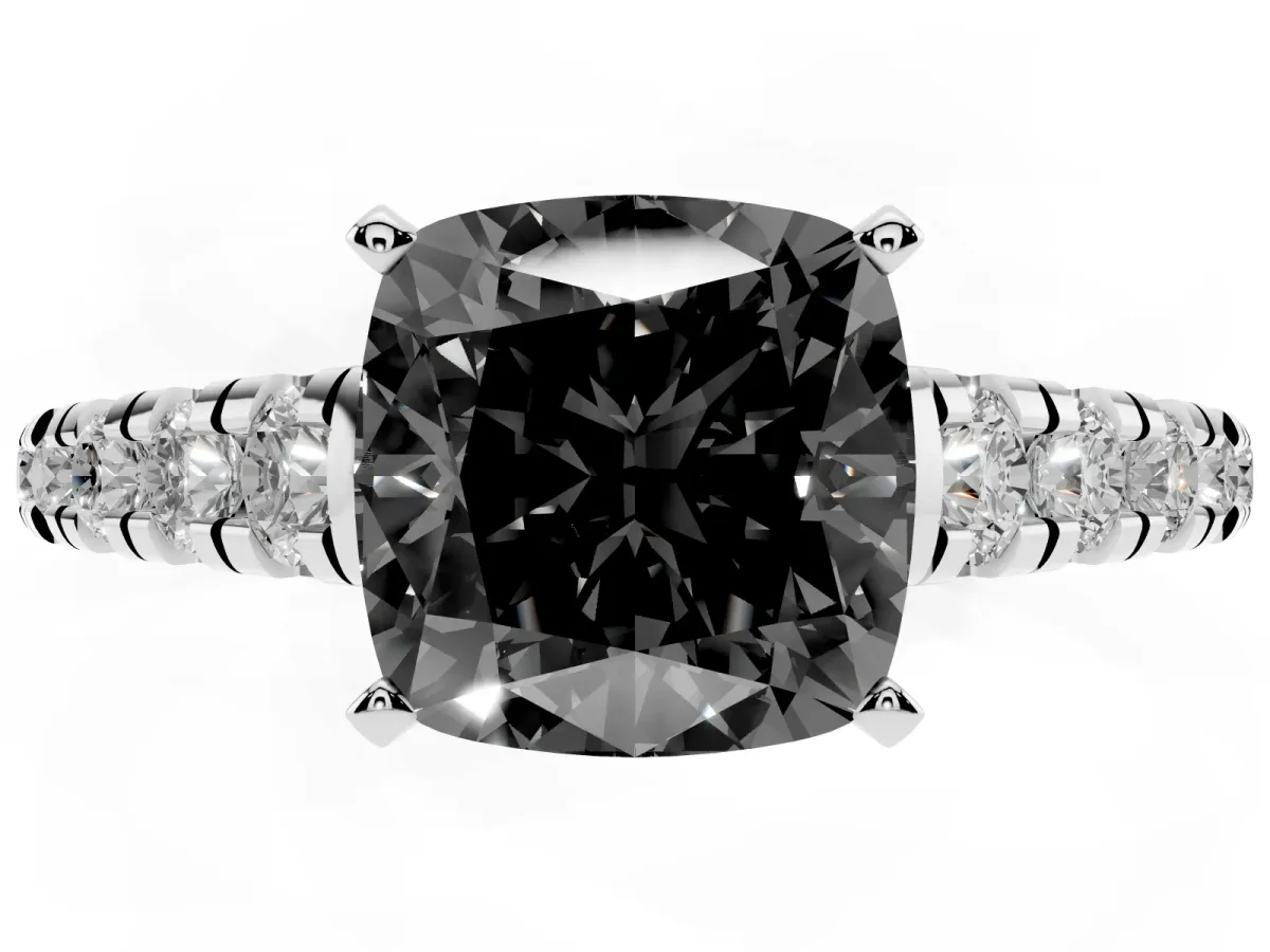 Fancy Black Cushion Cut Diamond Cathedral Solitaire Ring with Round Pavé Band Silver
