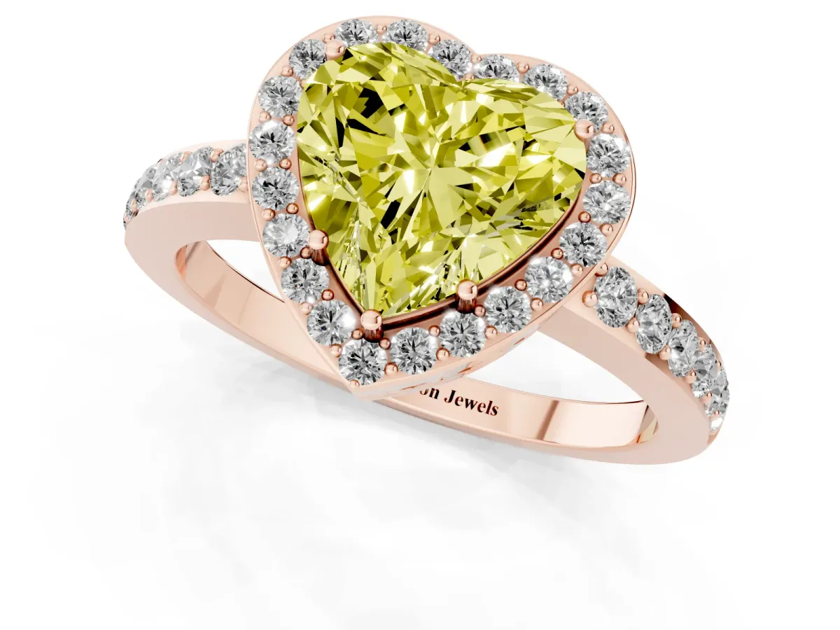 Fancy Yellow Heart Cut Halo Diamond Pavé Band Ring with Prong Setting Rose gold