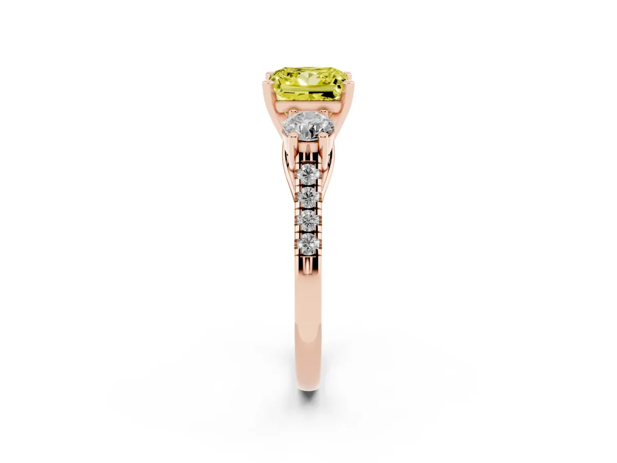Fancy Yellow Three-Stone Princess Cut Diamond Pavé Band with Four-Prong Setting Rose gold