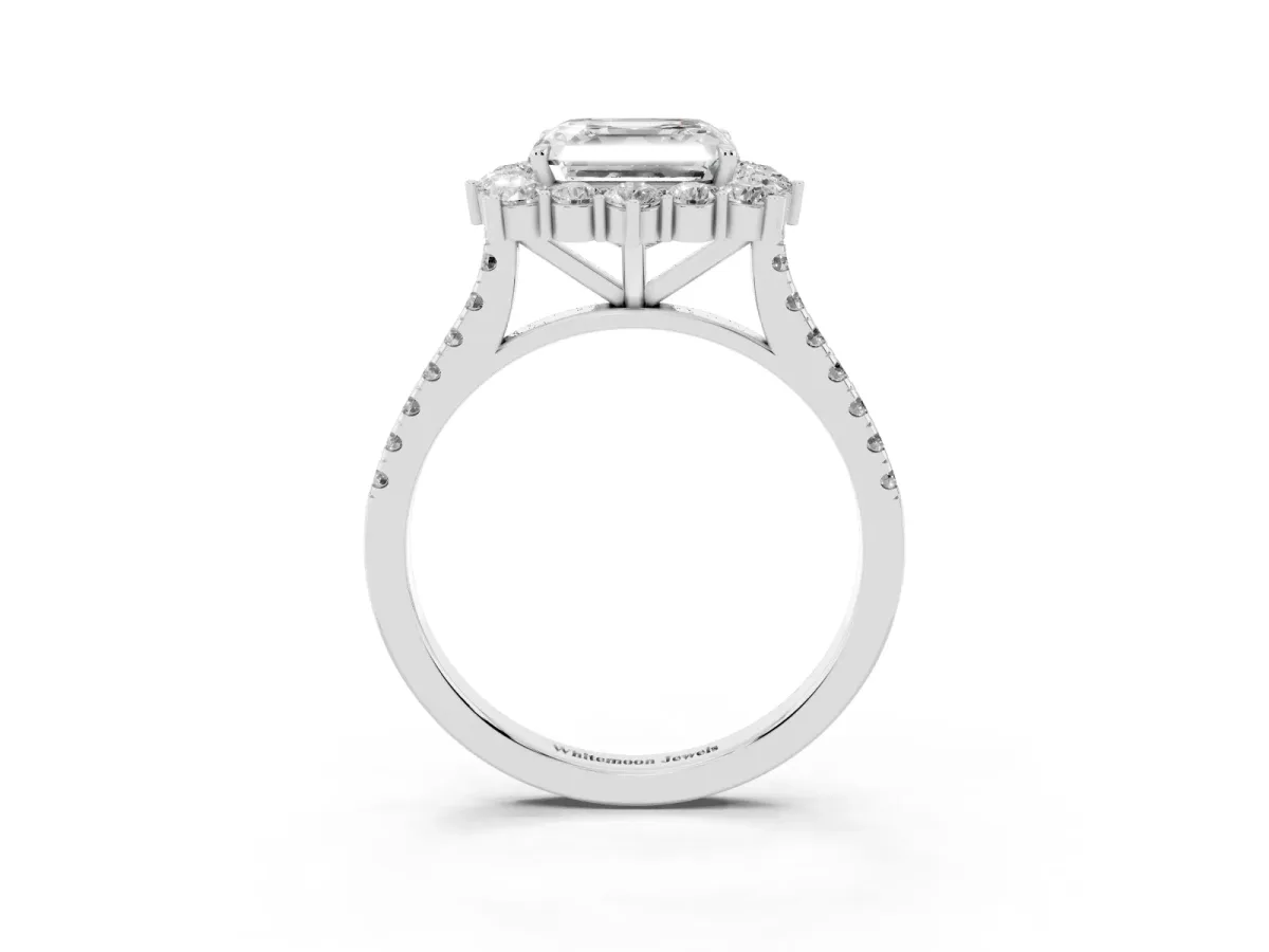 Asscher Cut Halo Diamond Ring with Pavé Band and Prong Setting Silver