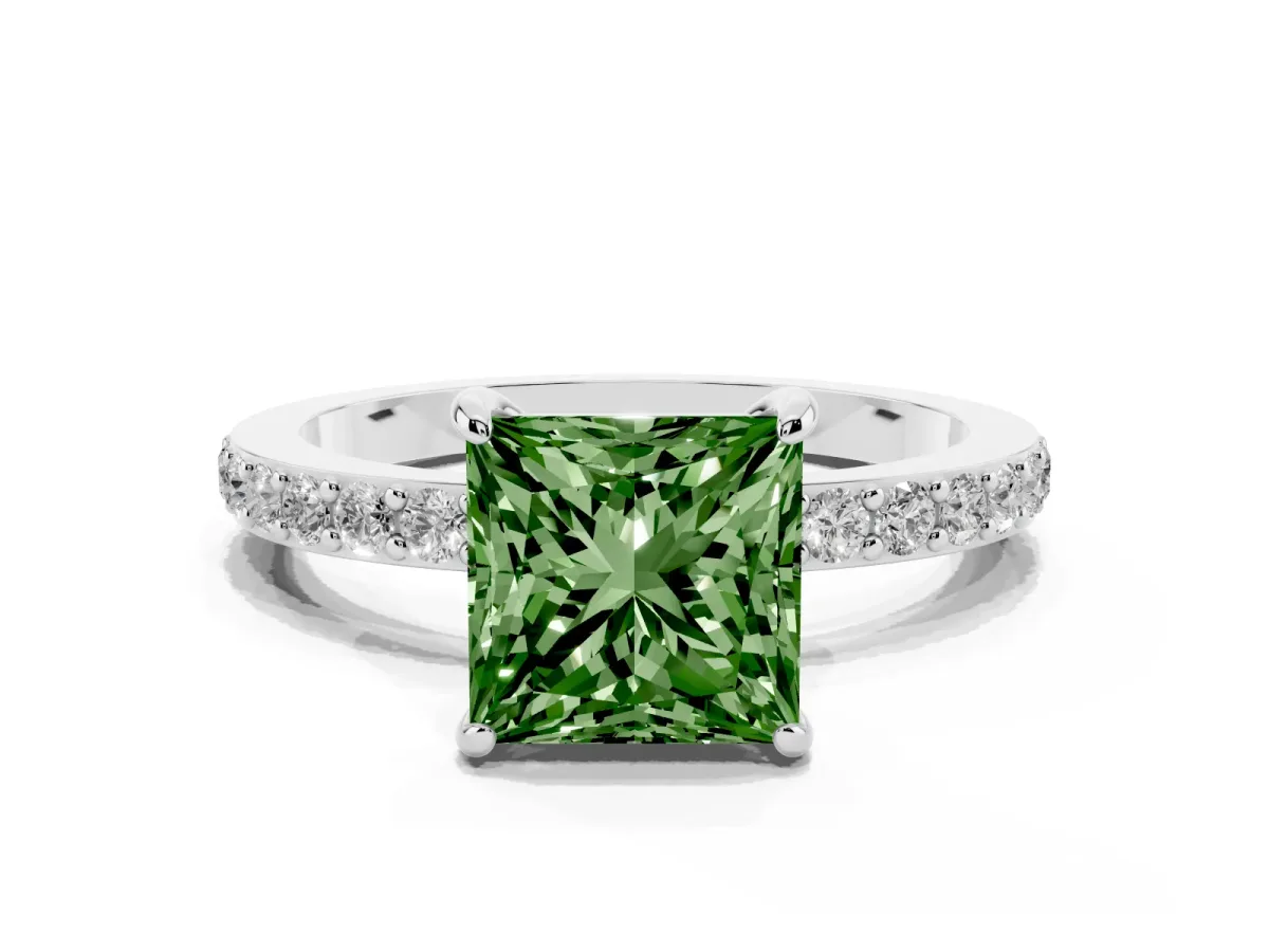 Fancy Green Princess Cut Diamond Solitaire Engagement Ring with Pavé Band and Four-Prong Setting Platinum