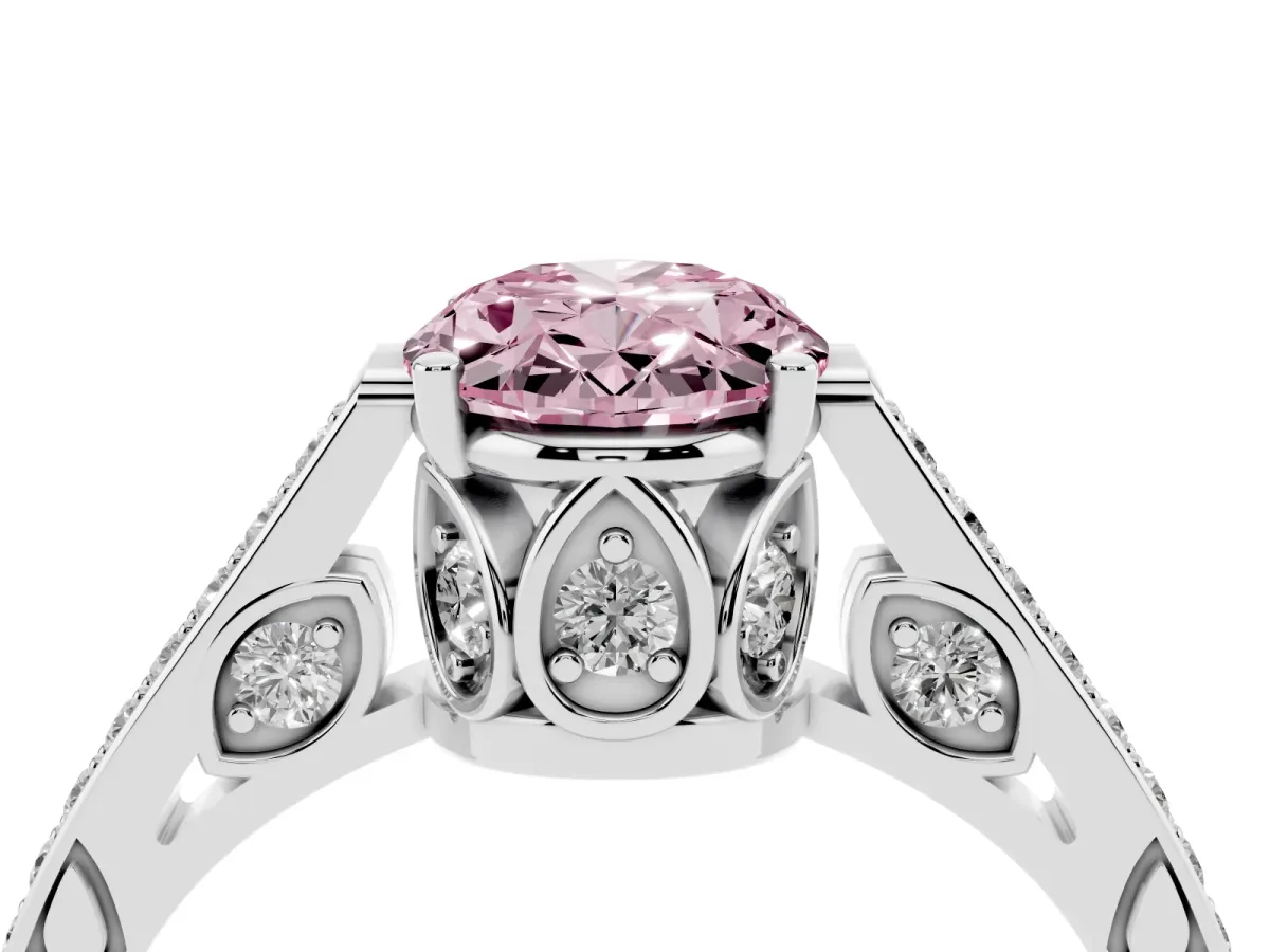 Fancy Pink Oval Cut Cut Cathedral Pave Diamond Engagement Ring with Six-Prong Setting Silver