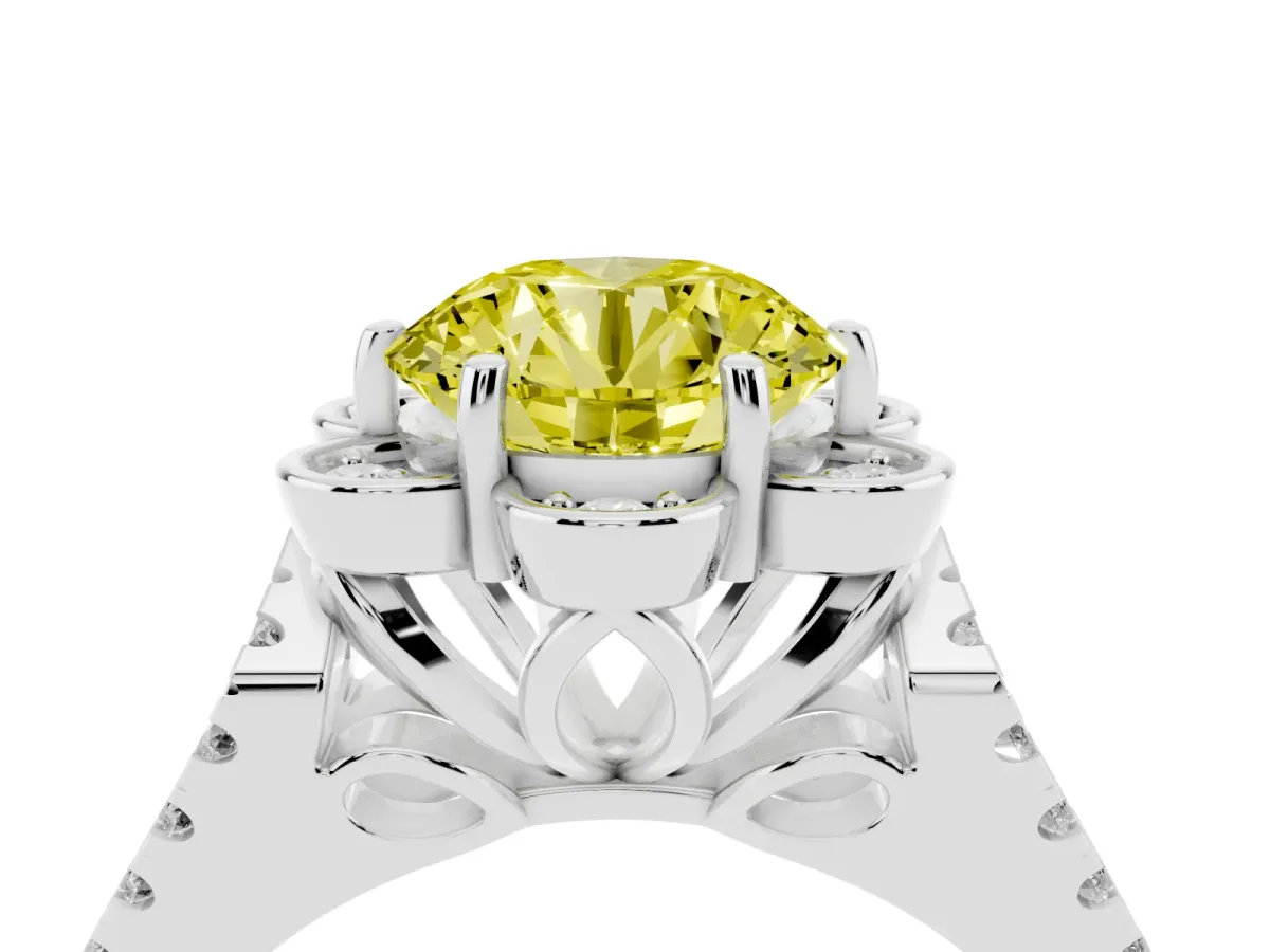Fancy Yellow Round Cut Halo Diamond Floral Split Shank Engagement Ring Platinum
