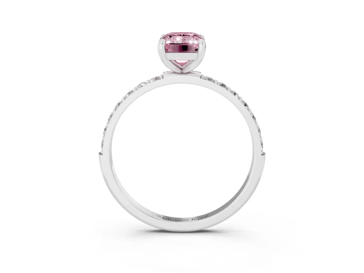 Fancy Pink Emerald Cut Diamond Solitaire Ring with Round Pavé Band and Prong Setting Silver
