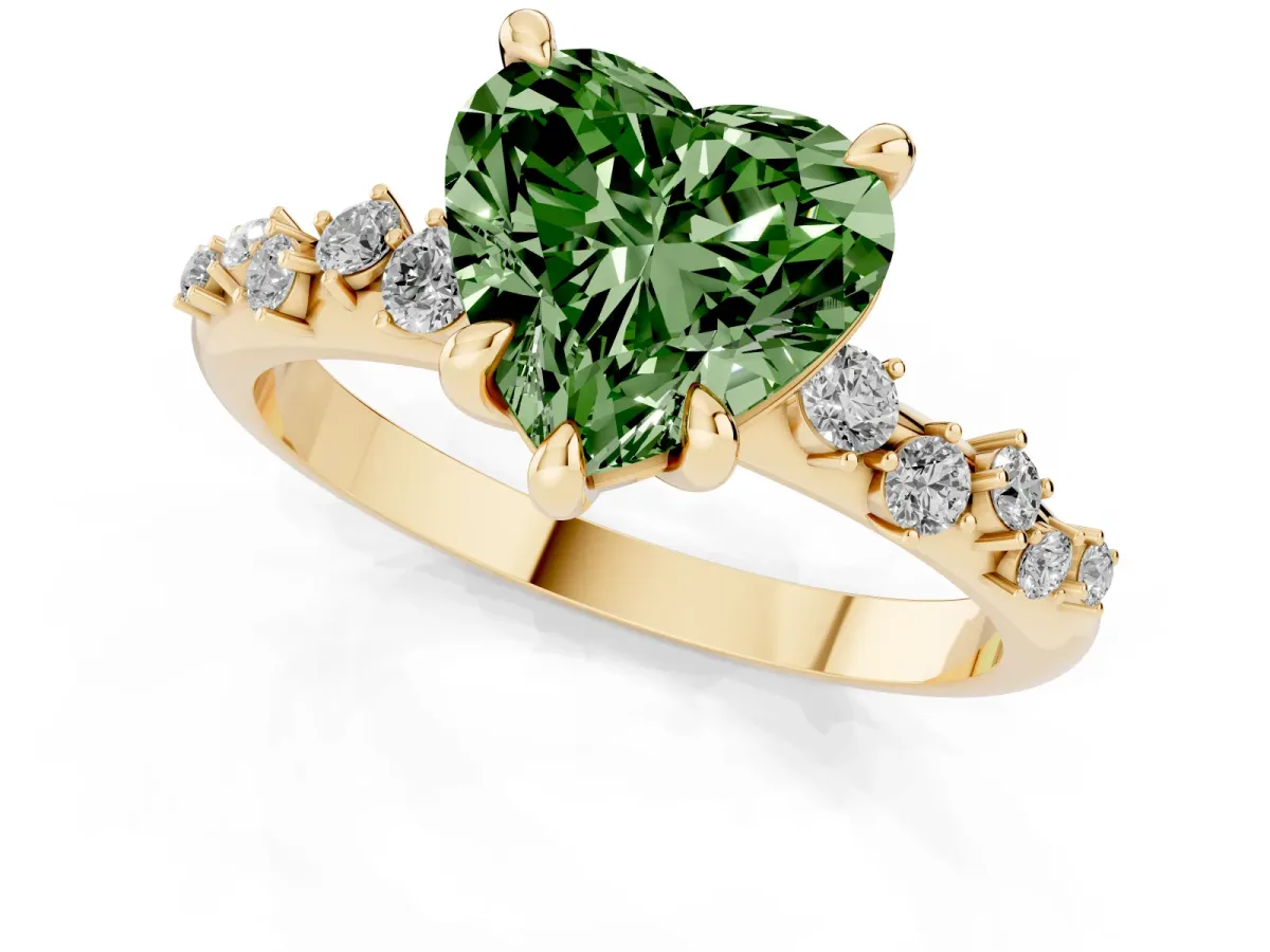 Fancy Green Heart Cut Cut Diamond Vine Band with Four-Prong Setting Yellow gold
