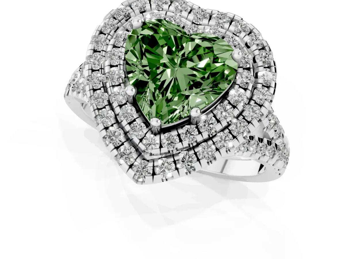 Fancy Green Double Halo Heart Cut Diamond Pavé Split Shank Ring with Prong Setting Platinum