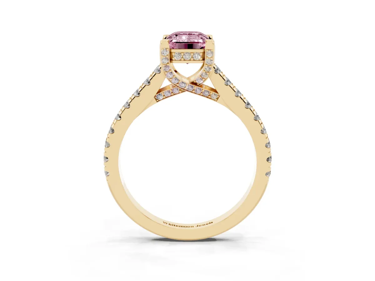 Fancy Pink Emerald Cut Brilliant Diamond Solitaire with Pavé Band and Four-Prong Setting Yellow gold