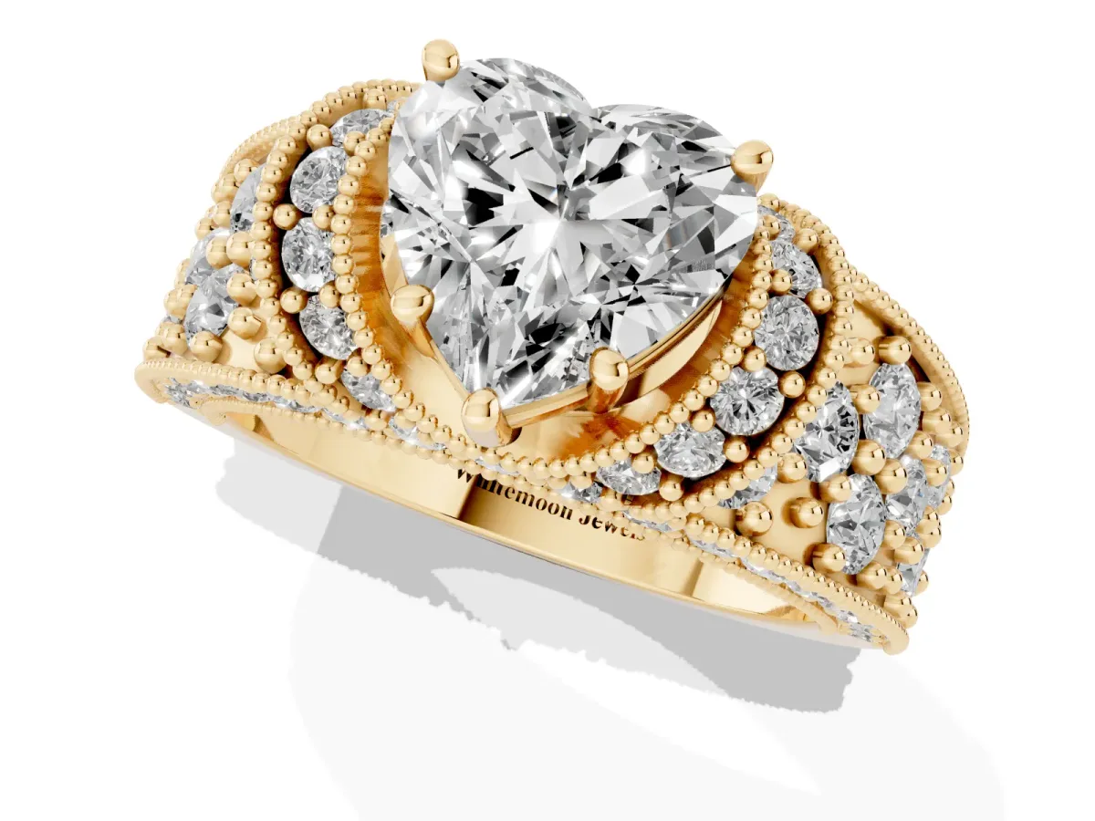 Heart Cut Halo Pave Diamond Engagement Ring with Milgrain Detailing Yellow gold