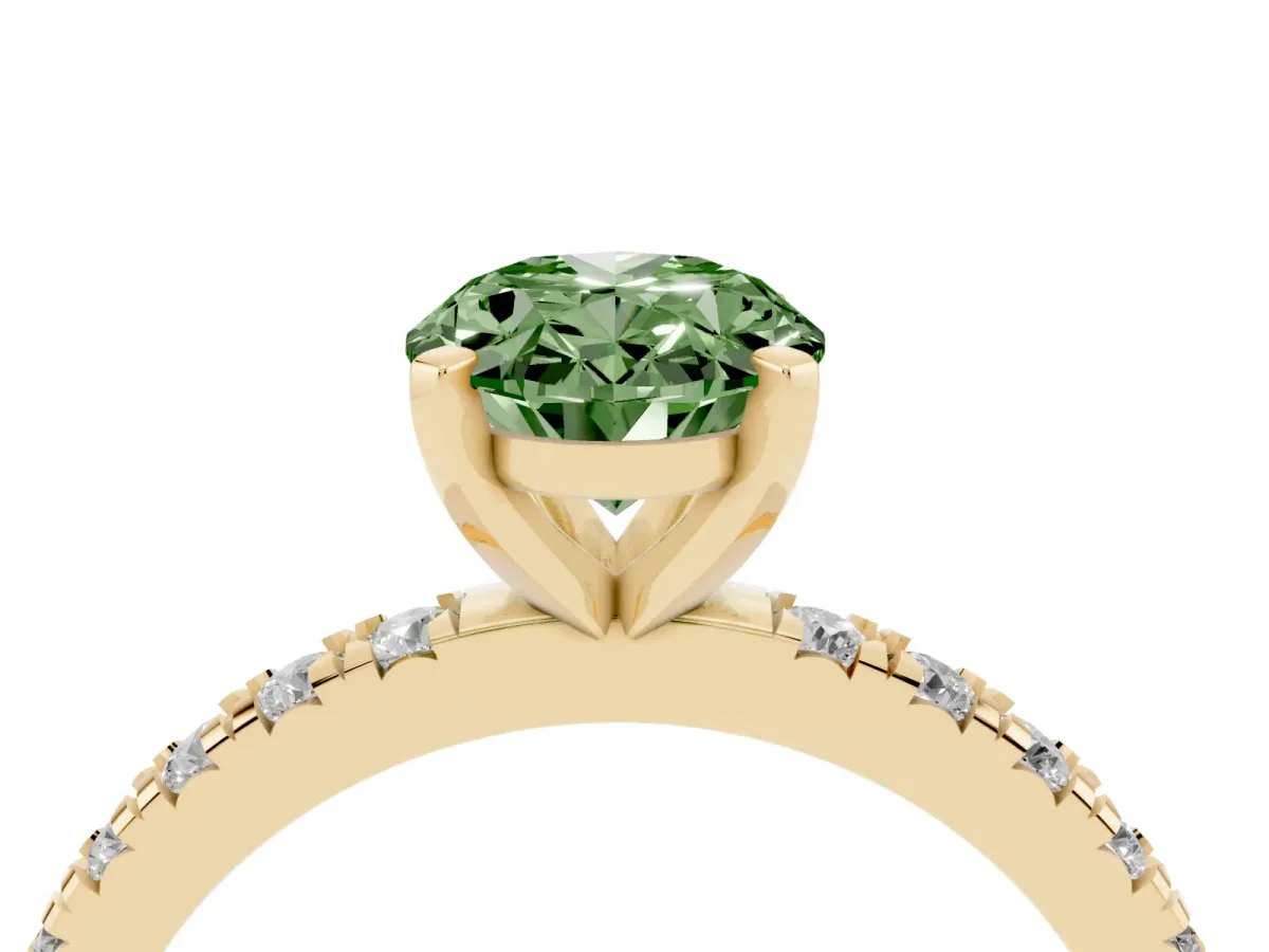 Fancy Green Oval Cut Diamond Pavé Band Solitaire with Four-Prong Setting Yellow gold