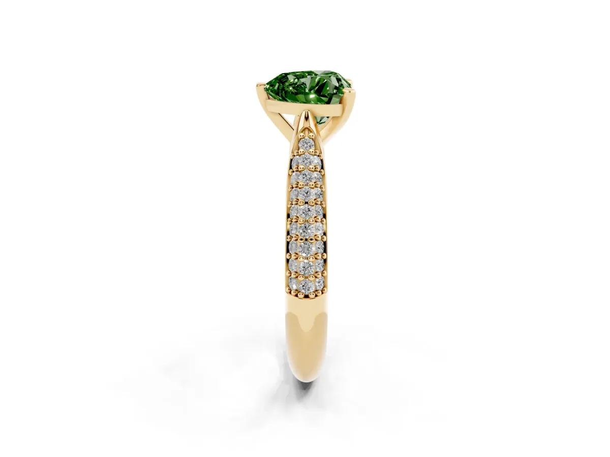 Fancy Green Heart Cut Diamond Solitaire Engagement Ring with Multi-Row Round Pavé Band and Prong Setting Yellow gold
