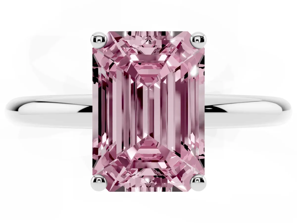 Fancy Pink Emerald Cut Cut Solitaire Engagement Ring with Four-Prong Setting and Classic Band Platinum