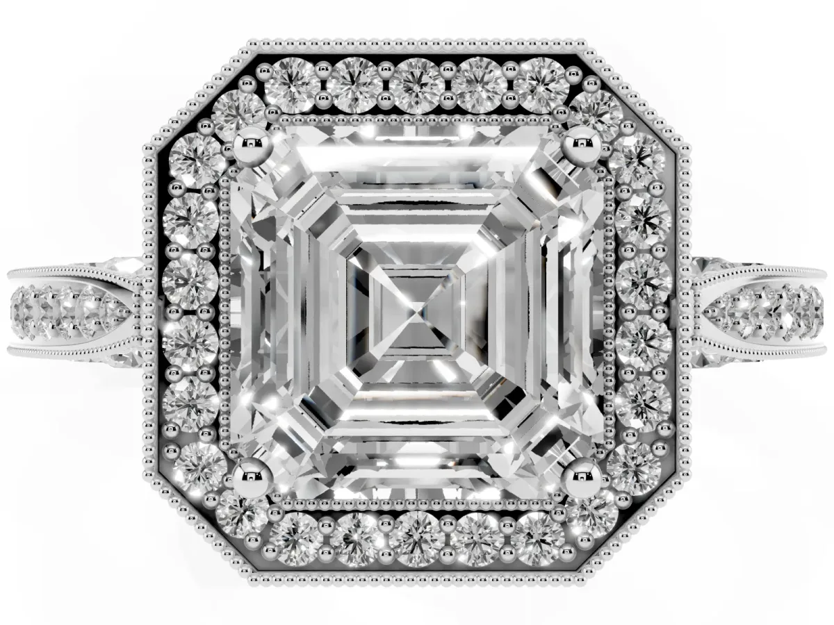 Asscher Cut Halo Diamond Engagement Ring with Split Shank Band and Four-Prong Setting Silver