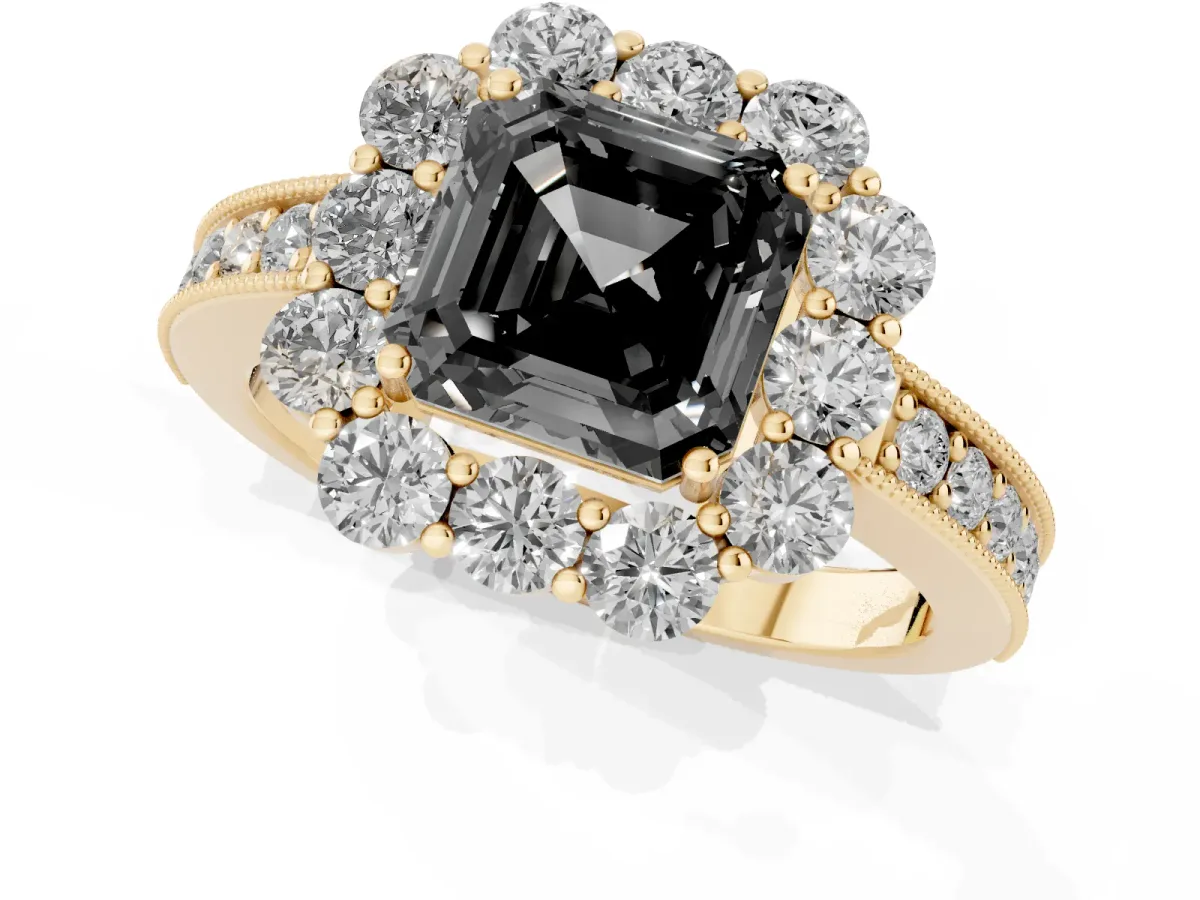 Fancy Black Asscher Cut Cut Halo Diamond Pavé Engagement Ring with Milgrain Detailing Yellow gold