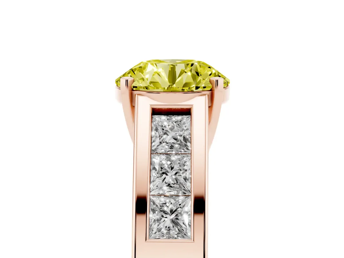 Fancy Yellow Round Cut Cut Channel Set Solitaire Ring with Four-Prong Setting Rose gold