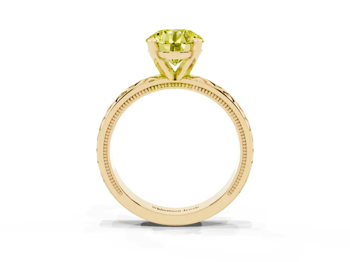 Fancy Yellow Round Cut Solitaire Diamond Ring with Milgrain and Black Enamel X Pattern Band Yellow gold