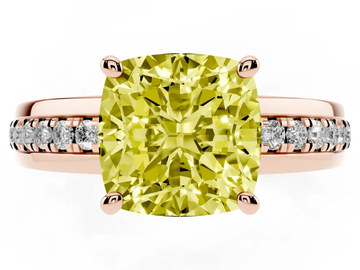 Fancy Yellow Cushion Cut Solitaire Diamond Ring with Channel Set Band and Six-Prong Setting Rose gold
