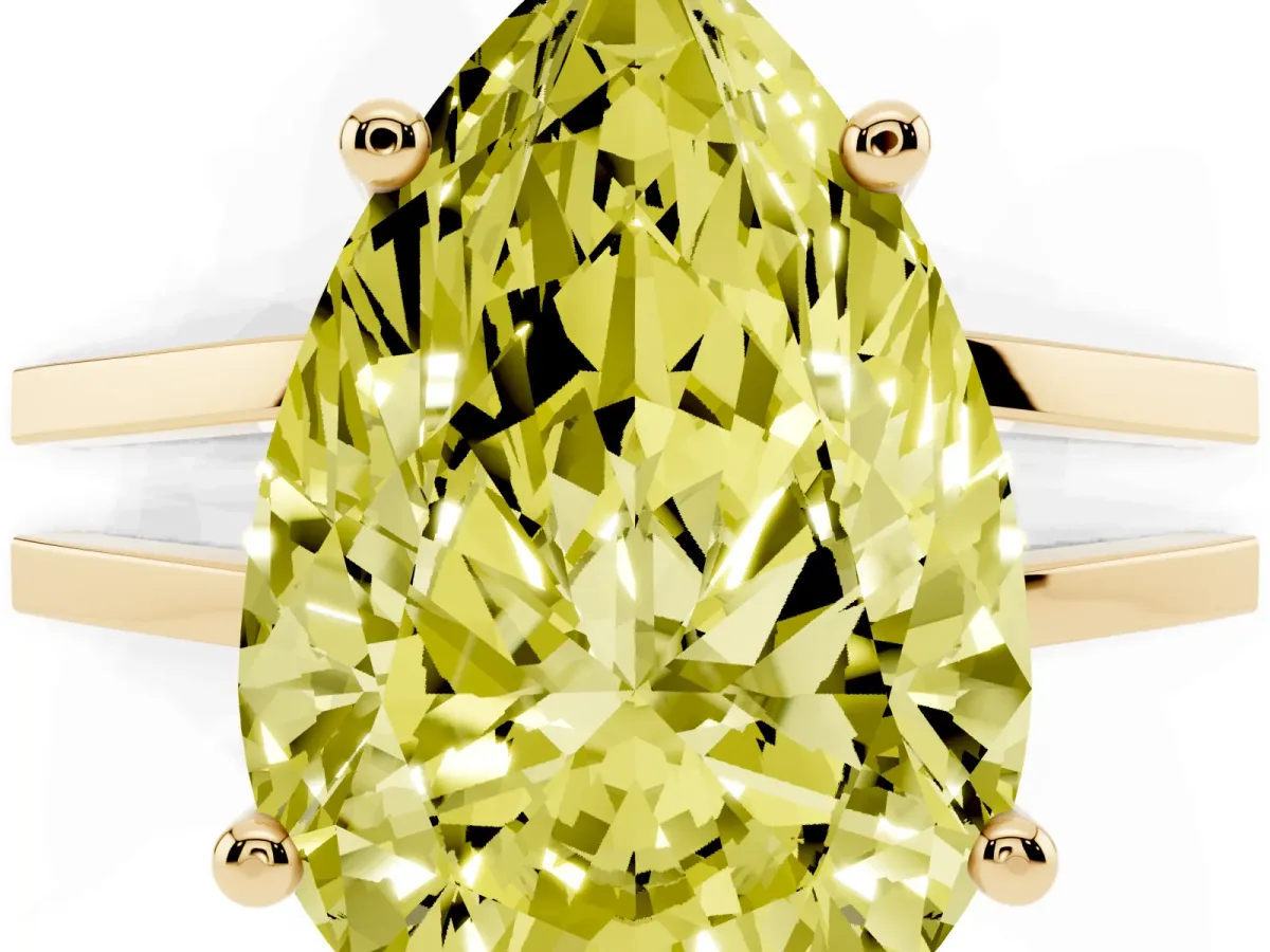 Fancy Yellow Pear Cut Cut Diamond Solitaire Engagement Ring with Tapered Plain Band and Four-Prong Setting Yellow gold
