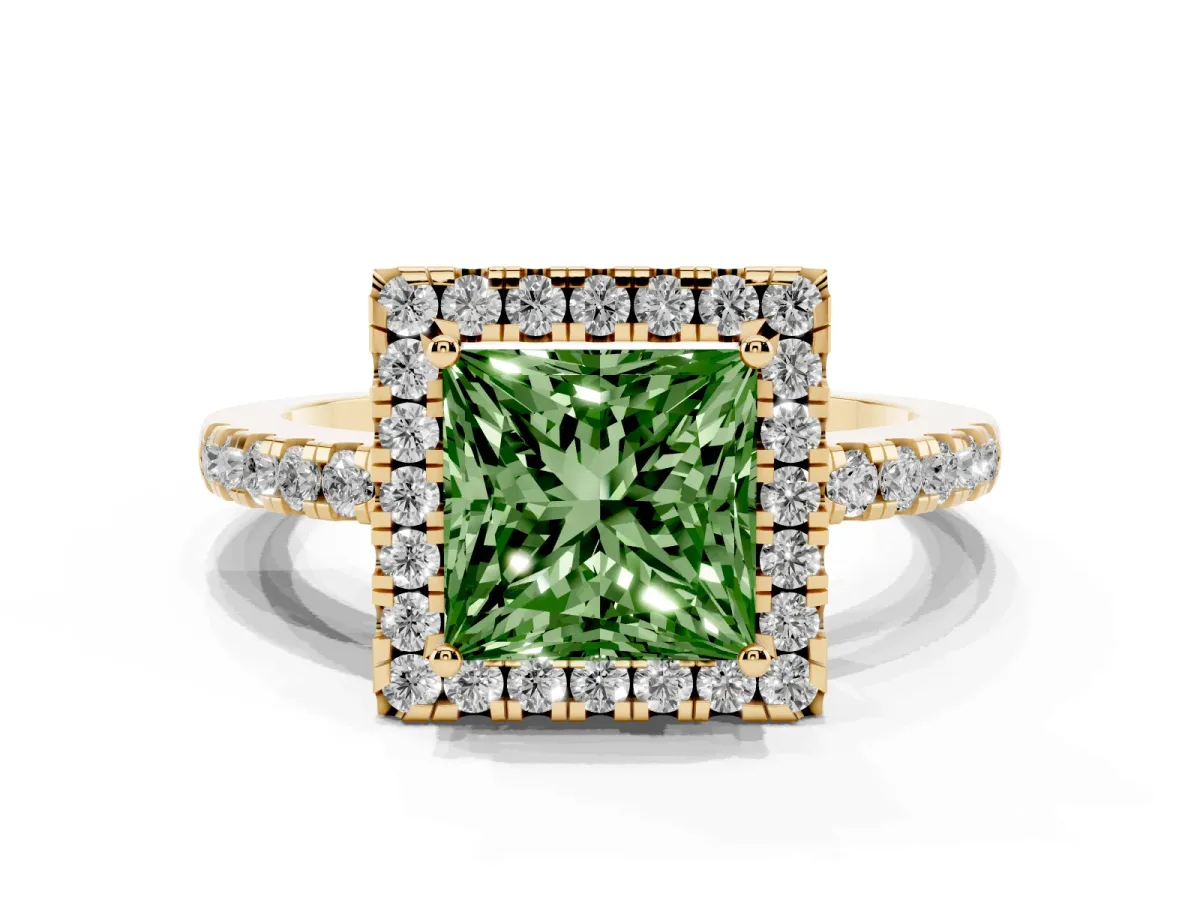 Fancy Green Princess Cut Halo Diamond Engagement Ring with Pavé Band and Four-Prong Setting Yellow gold