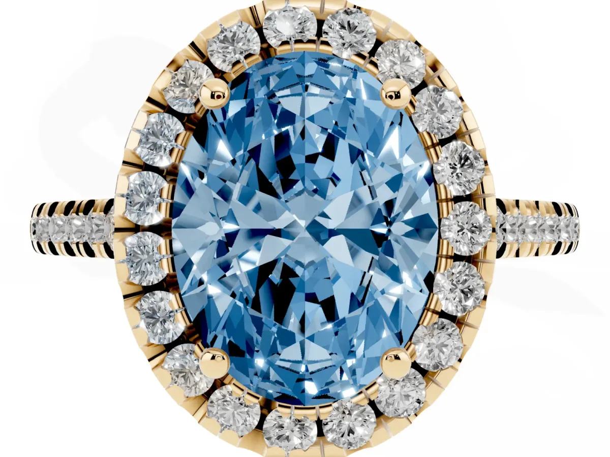 Fancy Blue Oval Cut Diamond Cushion Halo Ring with Pavé Band Yellow gold
