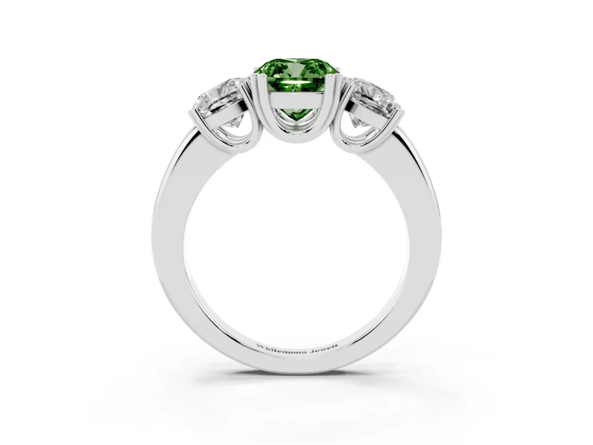 Fancy Green Three-Stone Cushion Cut Cut Diamond Ring with Channel Set Band and Four-Prong Setting Silver