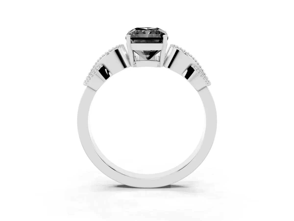 Fancy Black Radiant Cut Solitaire Milgrain Leaf Band with Prong Setting Platinum