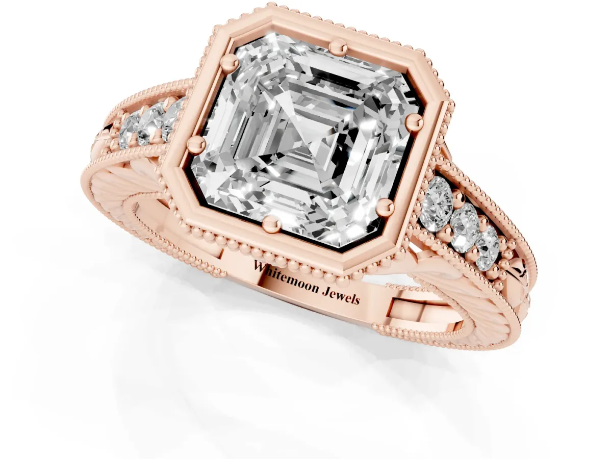 Bezel Set Asscher Cut Diamond Milgrain Pave Engagement Ring Rose gold