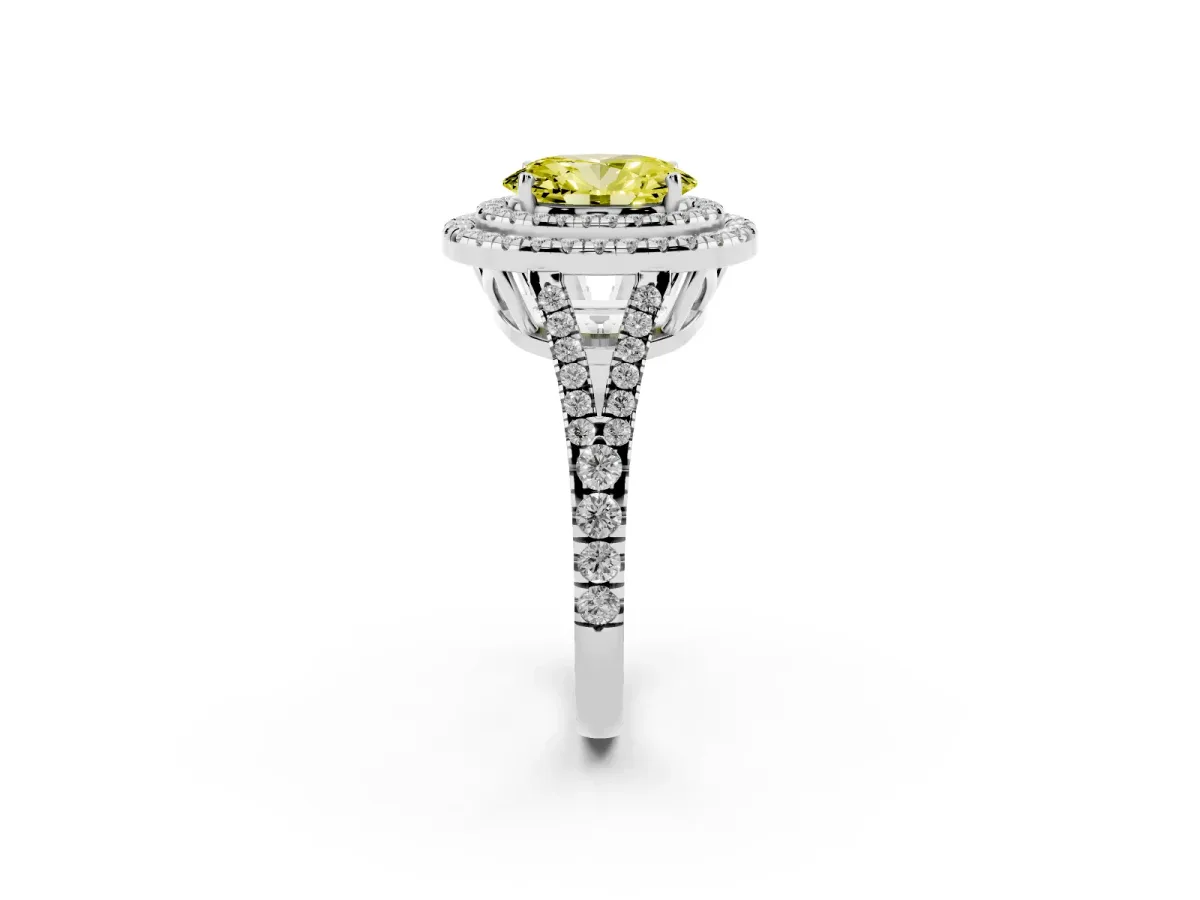 Fancy Yellow Oval Cut Diamond Double Halo Ring with Pavé Band and Prong Setting Platinum