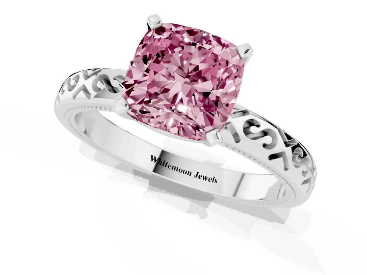 Fancy Pink Cushion Cut Solitaire Engagement Ring with Scrollwork Band and Four-Prong Setting Platinum