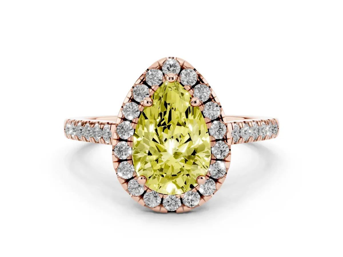 Fancy Yellow Pear Cut Halo Pavé Diamond Engagement Ring with Four-Prong Setting Rose gold