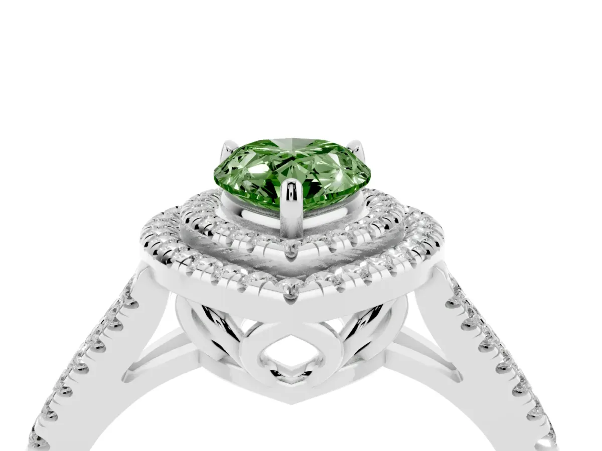 Fancy Green Pear Cut Diamond Double Halo Ring with Pavé Band and Prong Setting Silver