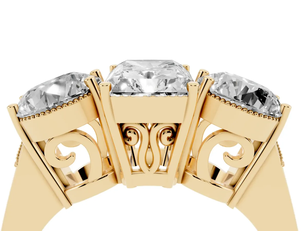 Three-Stone Radiant Cut Diamond Engagement Ring with Prong Setting on a Classic Band Yellow gold