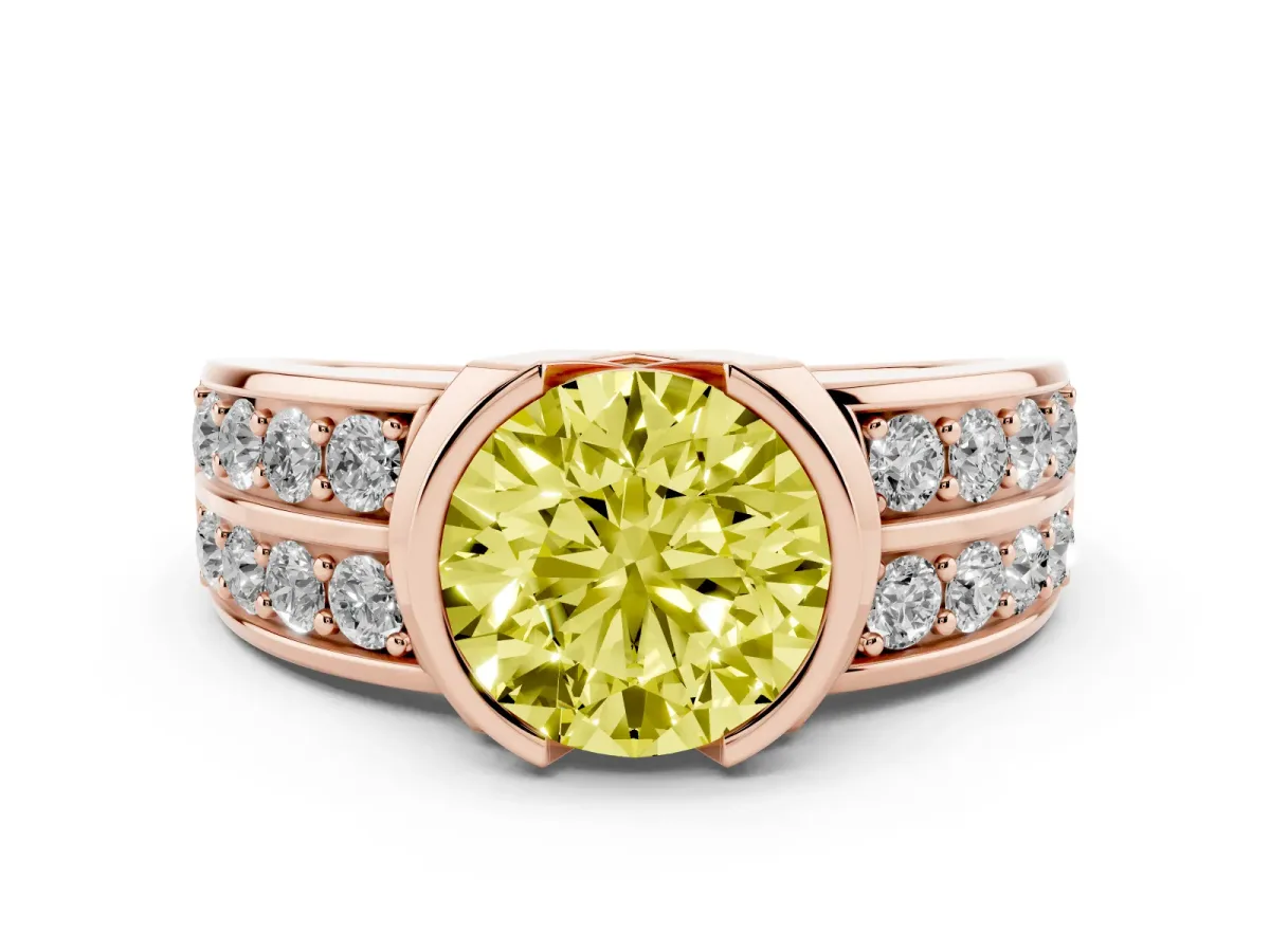 Fancy Yellow Round Cut Brilliant Diamond Channel Set Wide Band Ring with Bezel Setting Rose gold