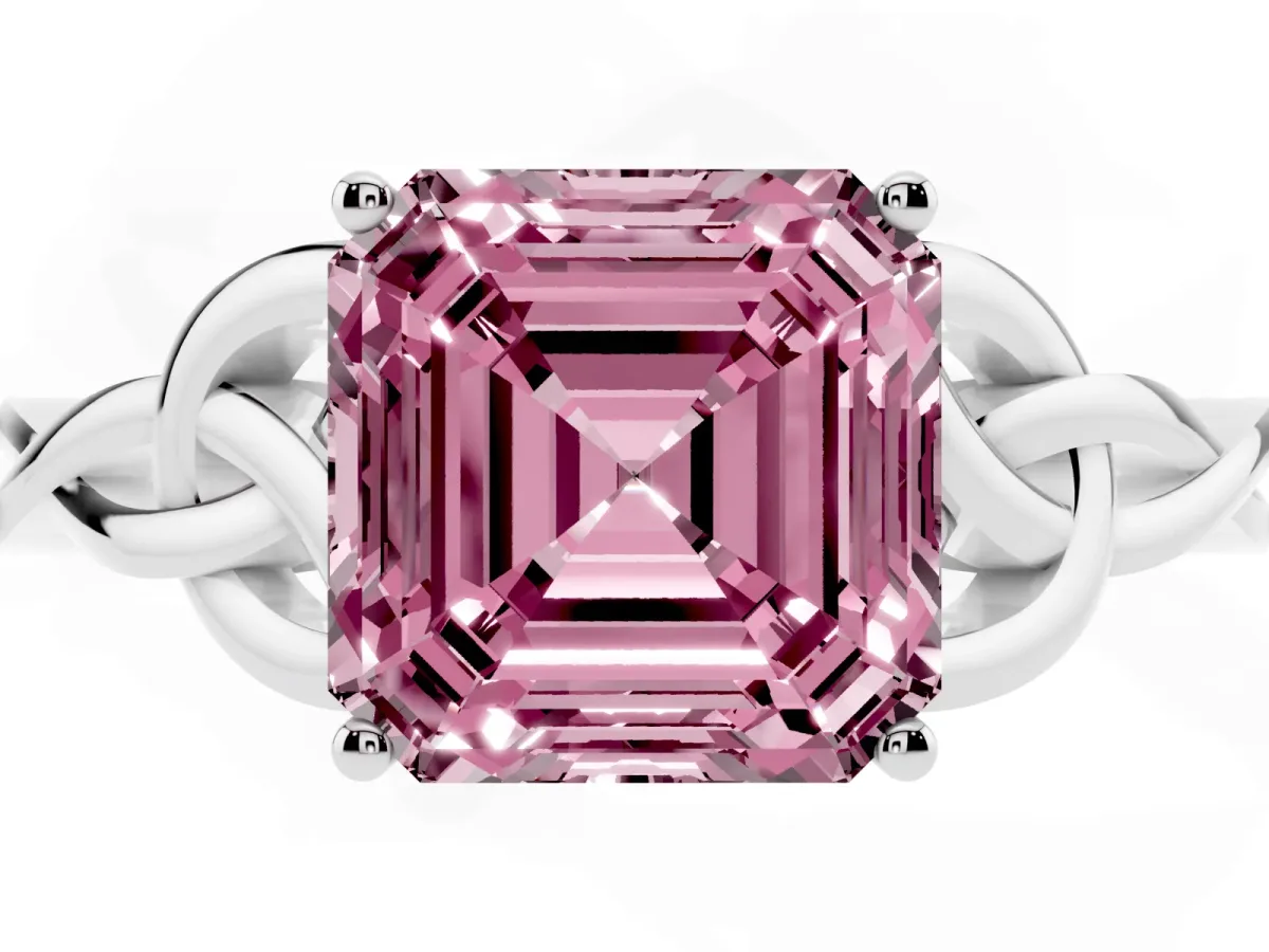 Fancy Pink Asscher Cut Diamond Solitaire Engagement Ring with Celtic Knot Band and Four-Prong Setting Silver