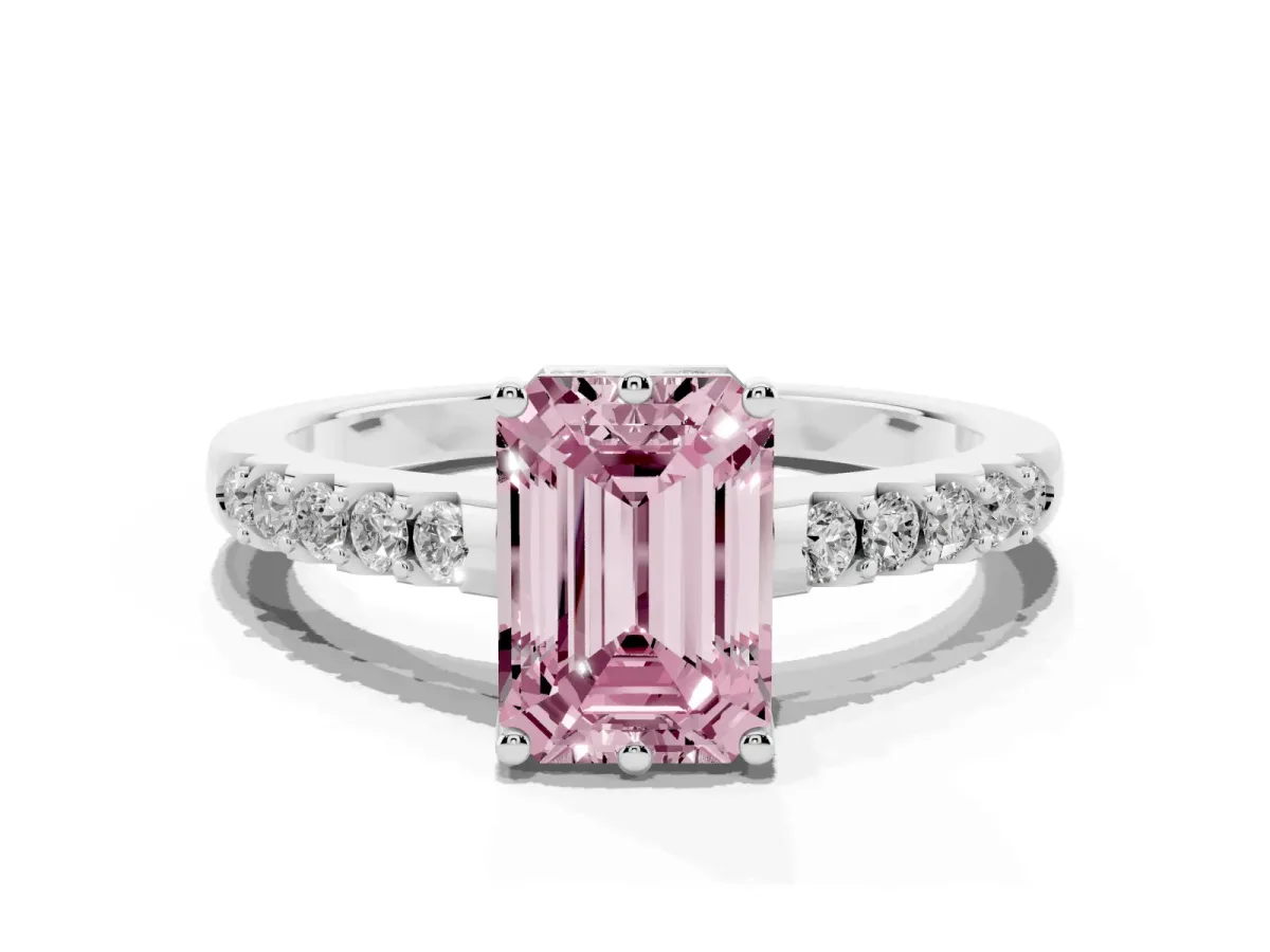 Fancy Pink Emerald Cut Solitaire Diamond Engagement Ring with Pavé Band and Six-Prong Setting Platinum