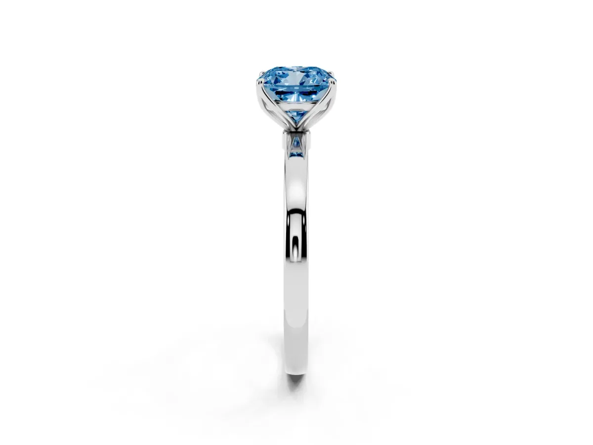 Fancy Blue Cushion Cut Diamond Solitaire Ring with Thin Band and Prong Setting Platinum