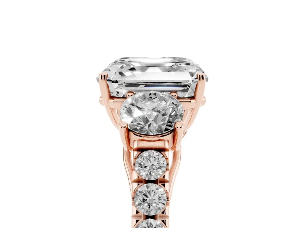 Asscher Cut Cut Diamond Three-Stone Ring with Round Side Stones and Pavé Band Rose gold
