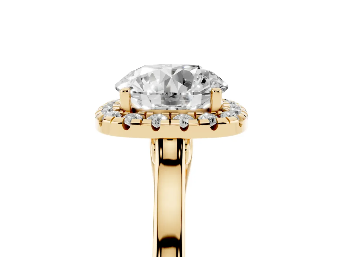 Round Cut Halo Round Diamond Solitaire Ring with Pavé Band and Four-Prong Setting Yellow gold