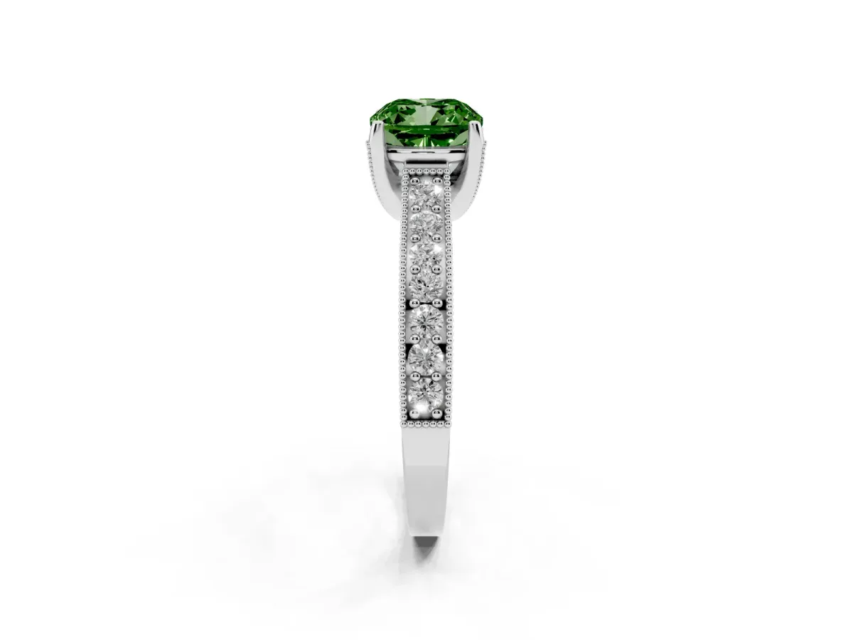 Fancy Green Cushion Cut Cut Diamond Solitaire Ring with Milgrain Pave Band and Four Prong Setting Silver